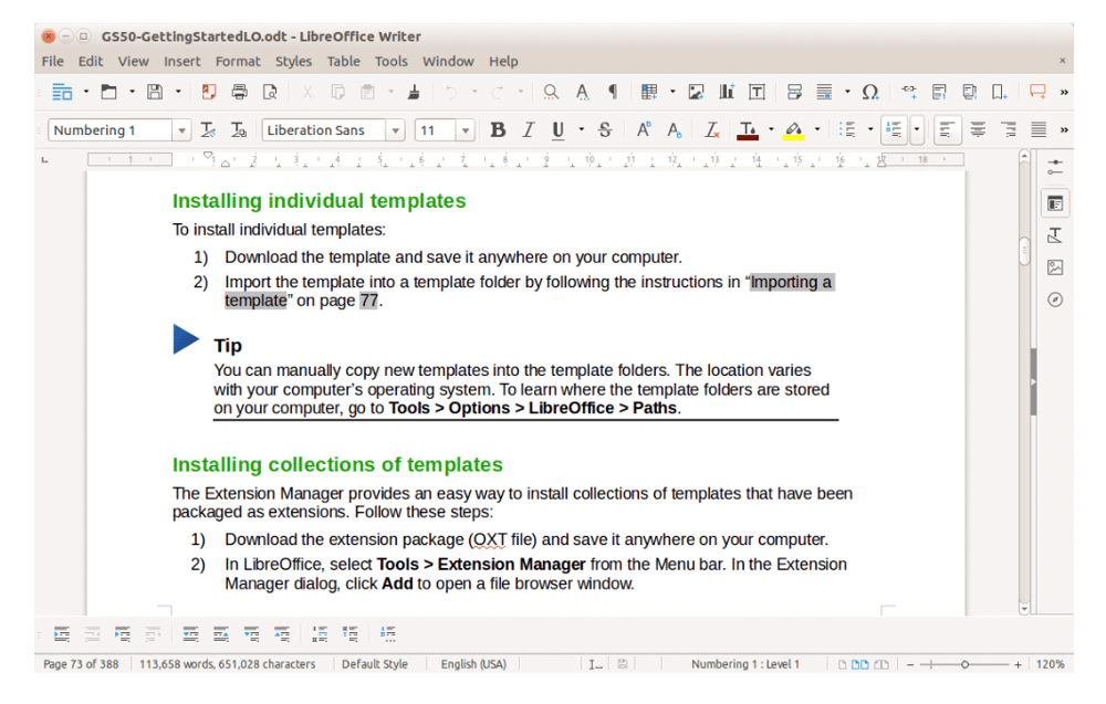 Screenshot of the LibreOffice Writer document editor with toolbars across the top of the page and down the right side.