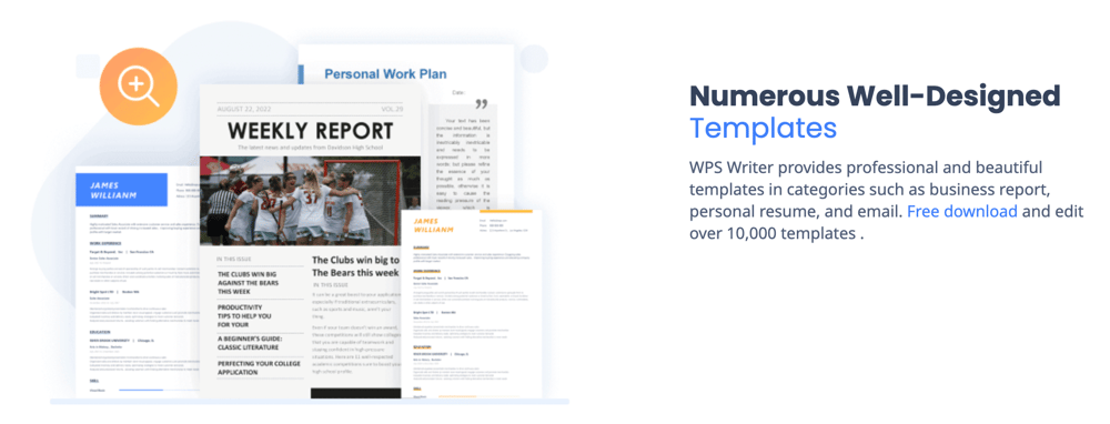 Screenshot from the WPS Office Writer homepage, depicting multiple templates.