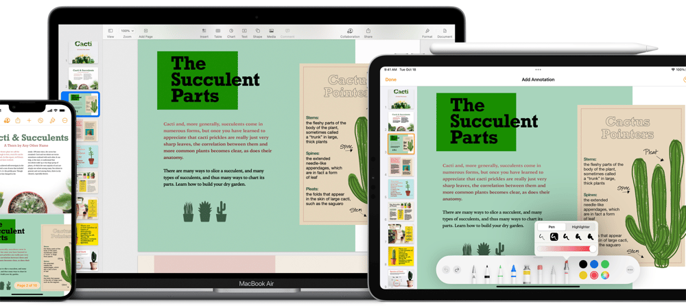 Screenshot from the Apple Pages homepage showing a cactus-themed document on three different device screens.