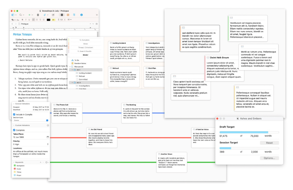 A cluster of different screenshots showing you can arrange a Scrivener corkboard.