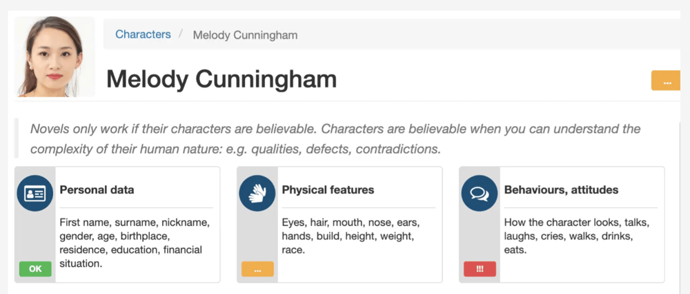 Screenshot of a character profile in Bibisco with clickable sections for personal data, physical features, and behaviors and attitudes.