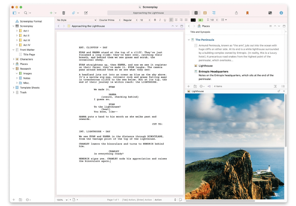 Screenshot showing a Scrivener screenplay document side-by-side with notes and a photograph.