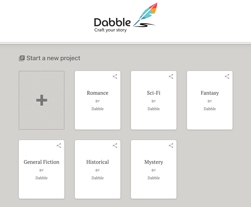 A screenshot of the Dabble project page showing different project templates for major genres.