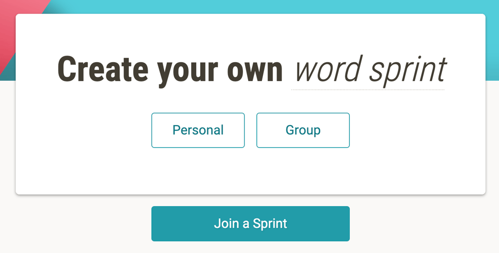 Screenshot of the Word Sprint home page with options to join a sprint or create your own.