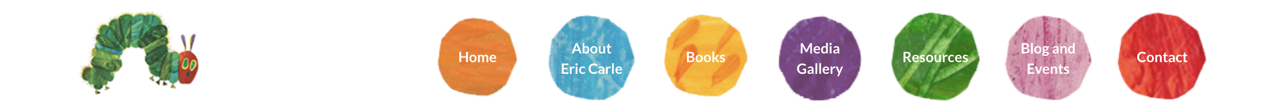 A screenshot of the navigation menu of Eric Carle's website depicting the Very Hungry Caterpillar and navigation buttons created in Carle's signature tissue paper style.