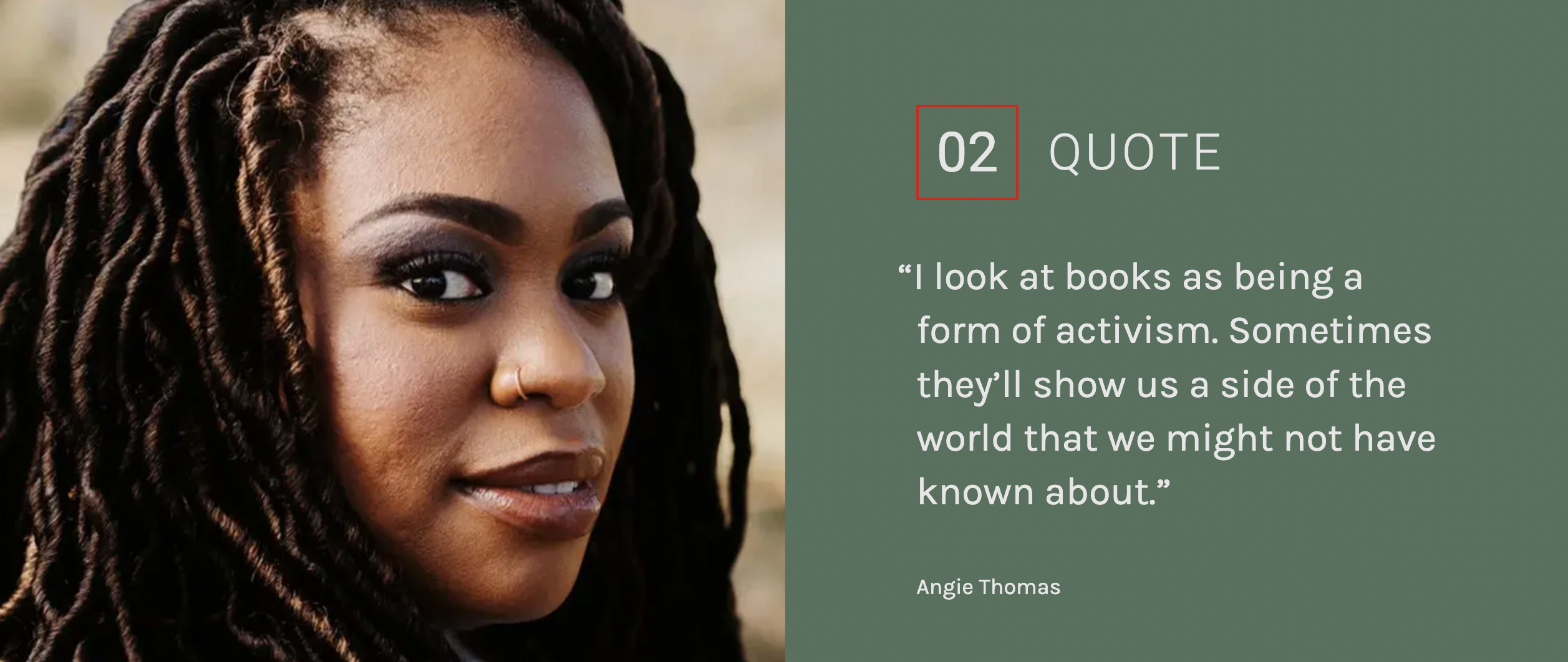 A screenshot from Angie Thomas's website showing her author headshot and the quote,
