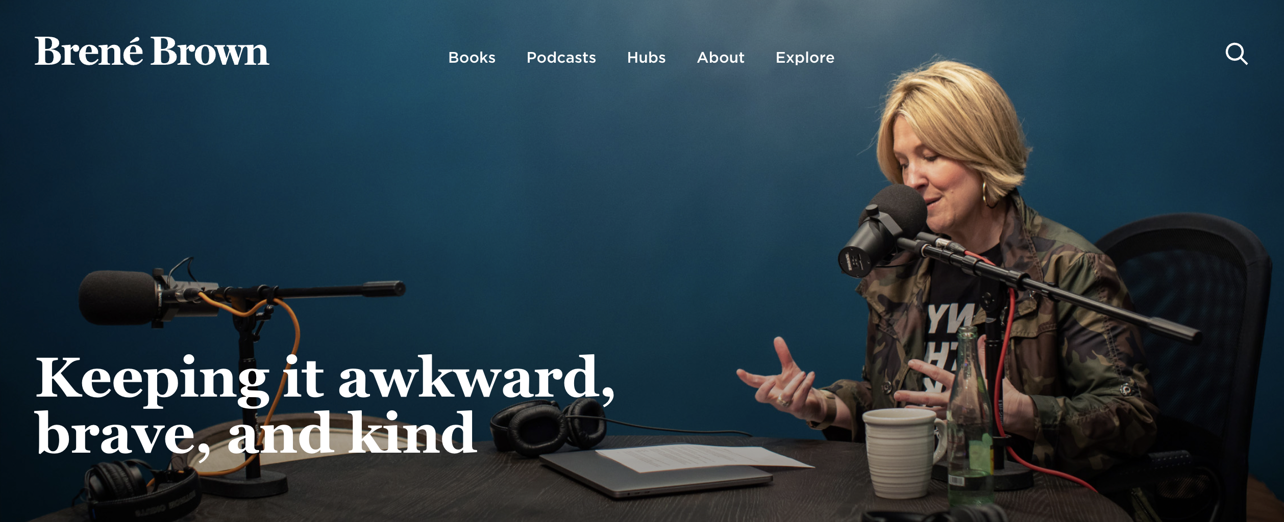A screenshot from Brene Brown's website showing an image of her recording a podcast with the caption,