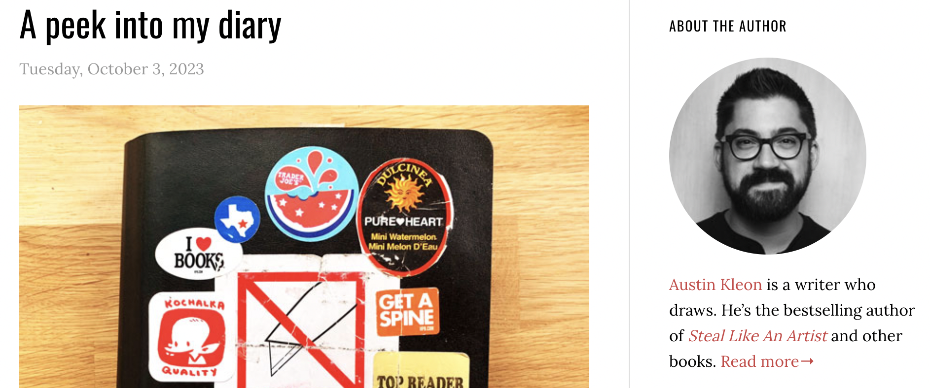 A screenshot of Austin Kleon's blog with a post entitled