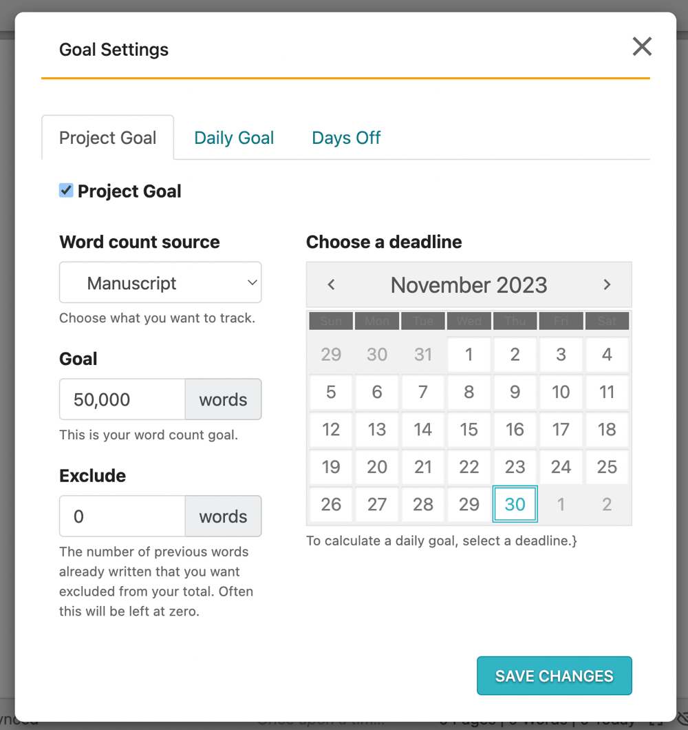 Dabble's Goal Setting Feature with a calendar for setting deadlines and days off.