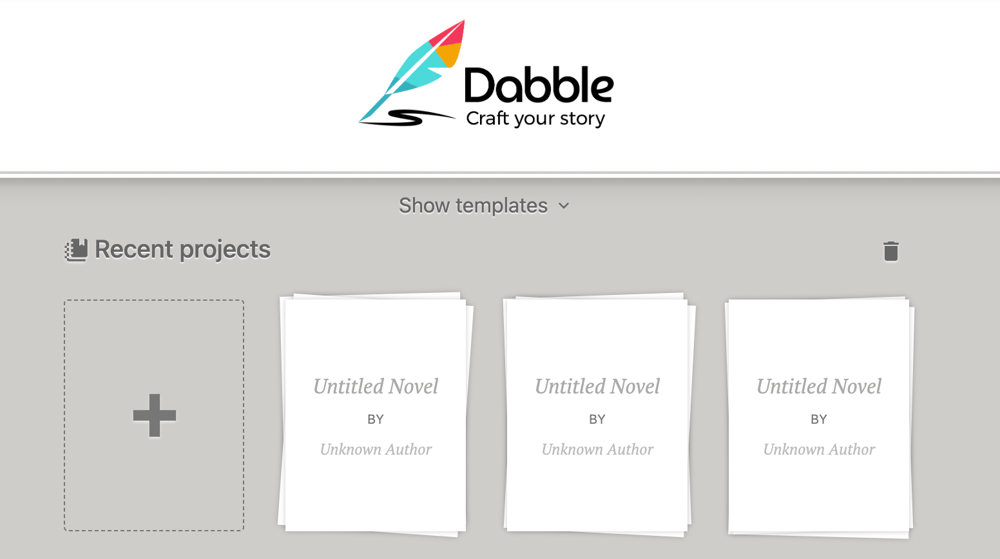 The Dabble home screen with three projects and a blank rectangle for a new project.