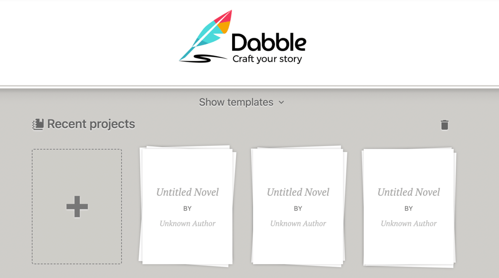 Screenshot of a Dabble user's home screen with the title pages of various projects.