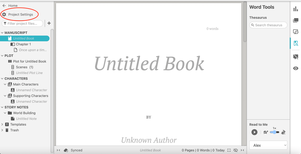 A Dabble project showing the blank title page and navigation menus on either side.