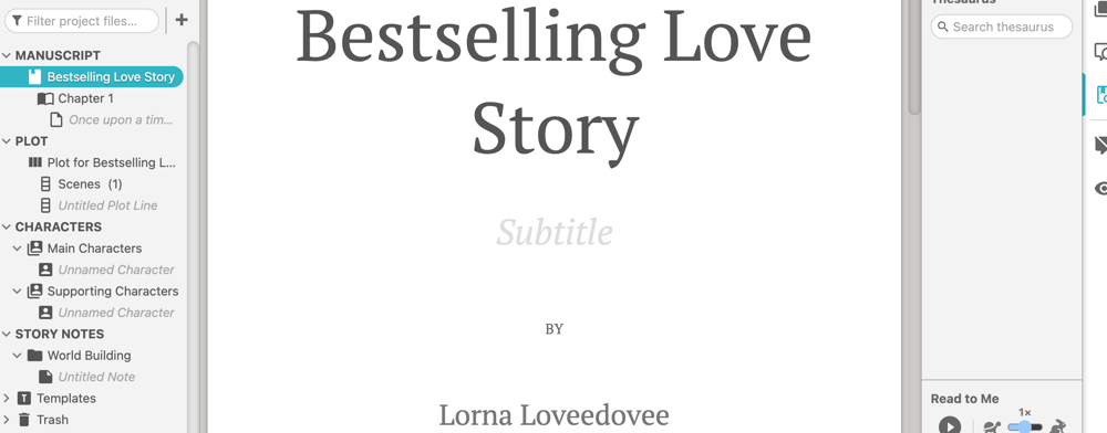 Screenshot of a Dabble project title page reading "Bestselling Love Story by Lorna Loveedovee."s