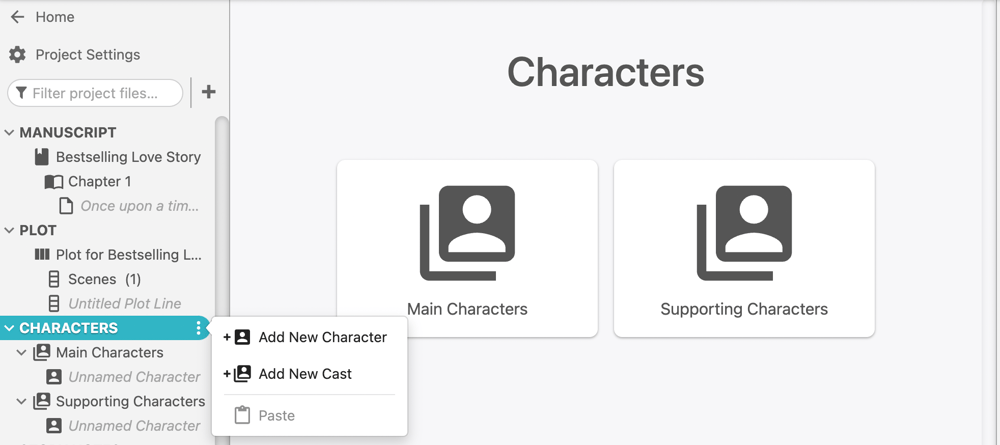 Screenshot of a Dabble project with "Characters" highlighted and a dropdown menu coming off of it.
