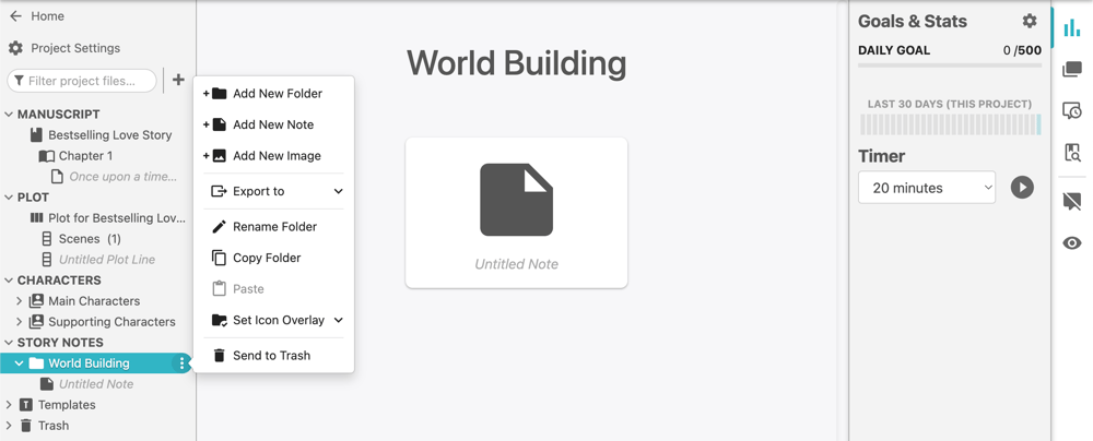 A Dabble project with "World Building" highlighted and a dropdown menu with options to add new files, folders, and images.