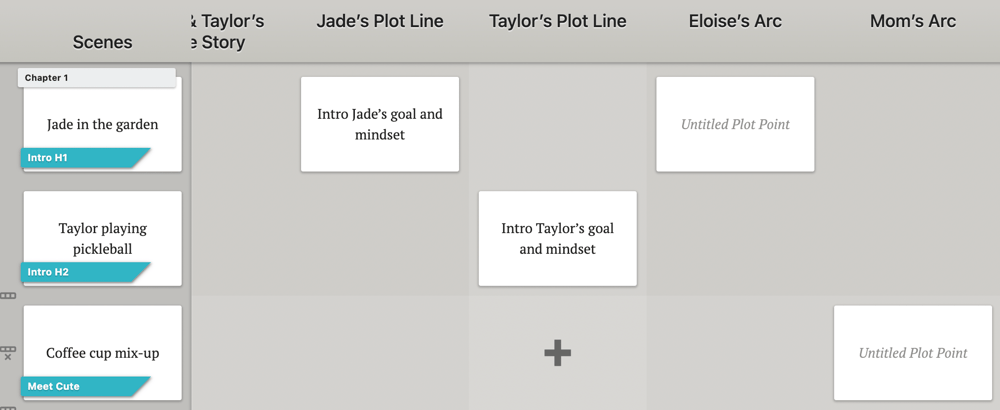 Dabble Plot Grid showing multiple character arcs alongside the scenes.