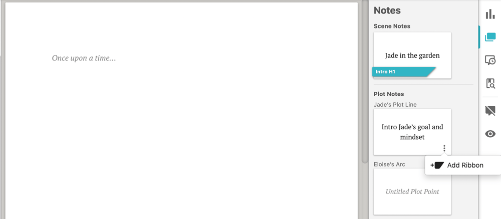 Screenshot of a Dabble manuscript showing where to add a Ribbon to a Scene Card.