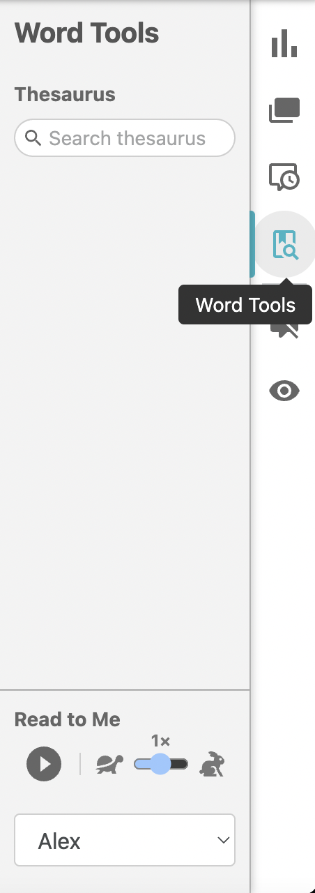 A screenshot of Dabble's Word Tools panel with a thesaurus and Read to Me feature. 