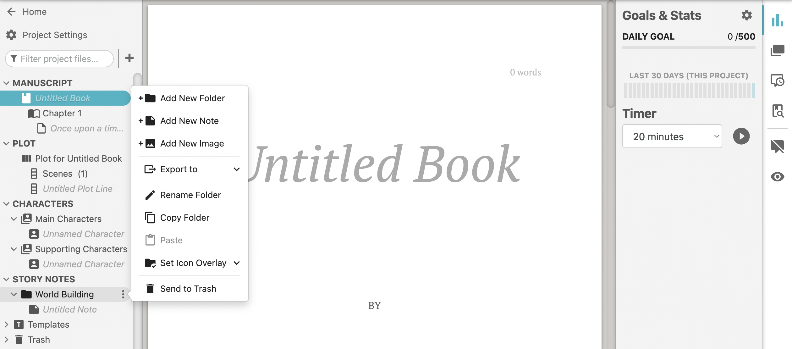 Screenshot of an open Dabble project showing the menu for adding new folders and notes.