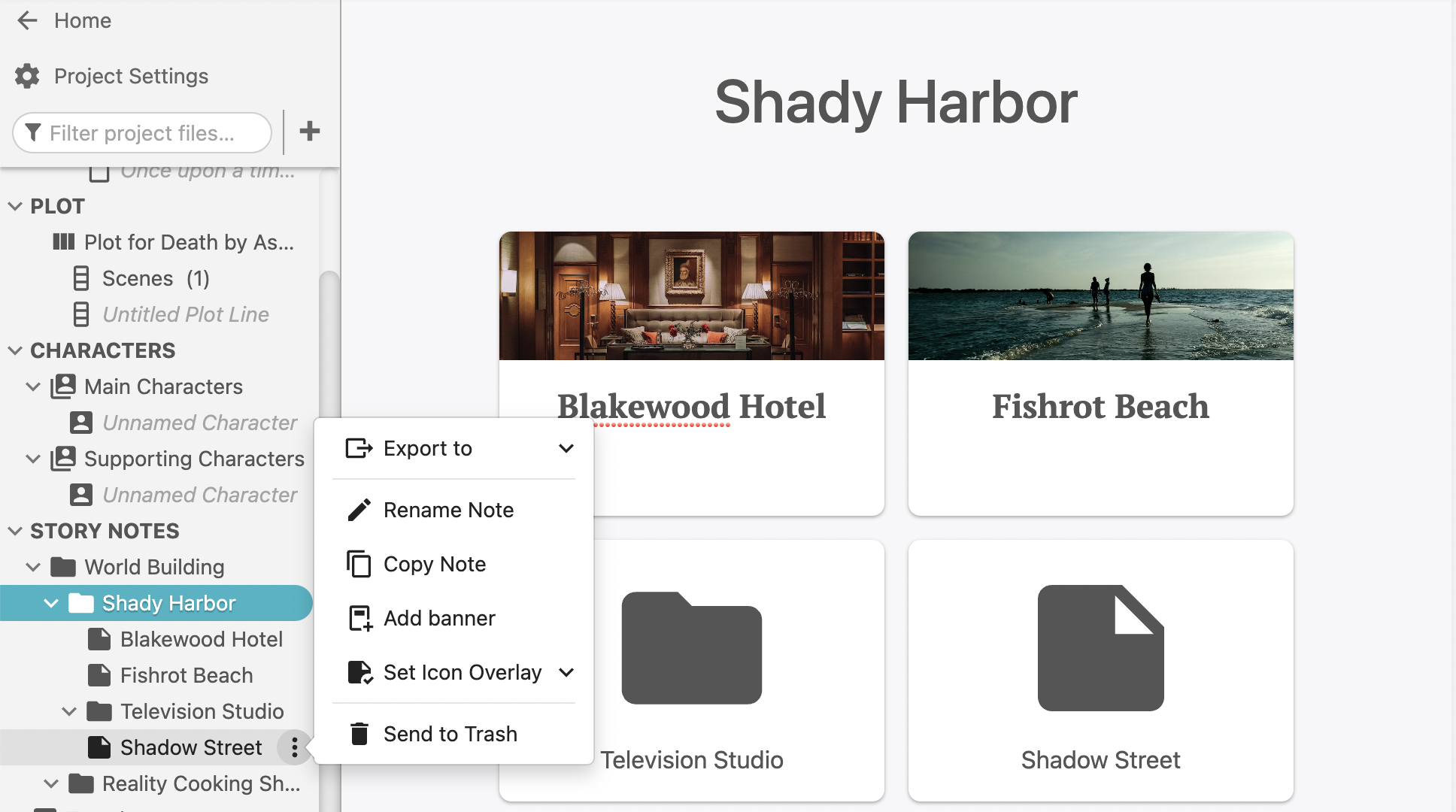 A Dabble Story Notes folder showing different settings and a menu for adding a banner to a note.