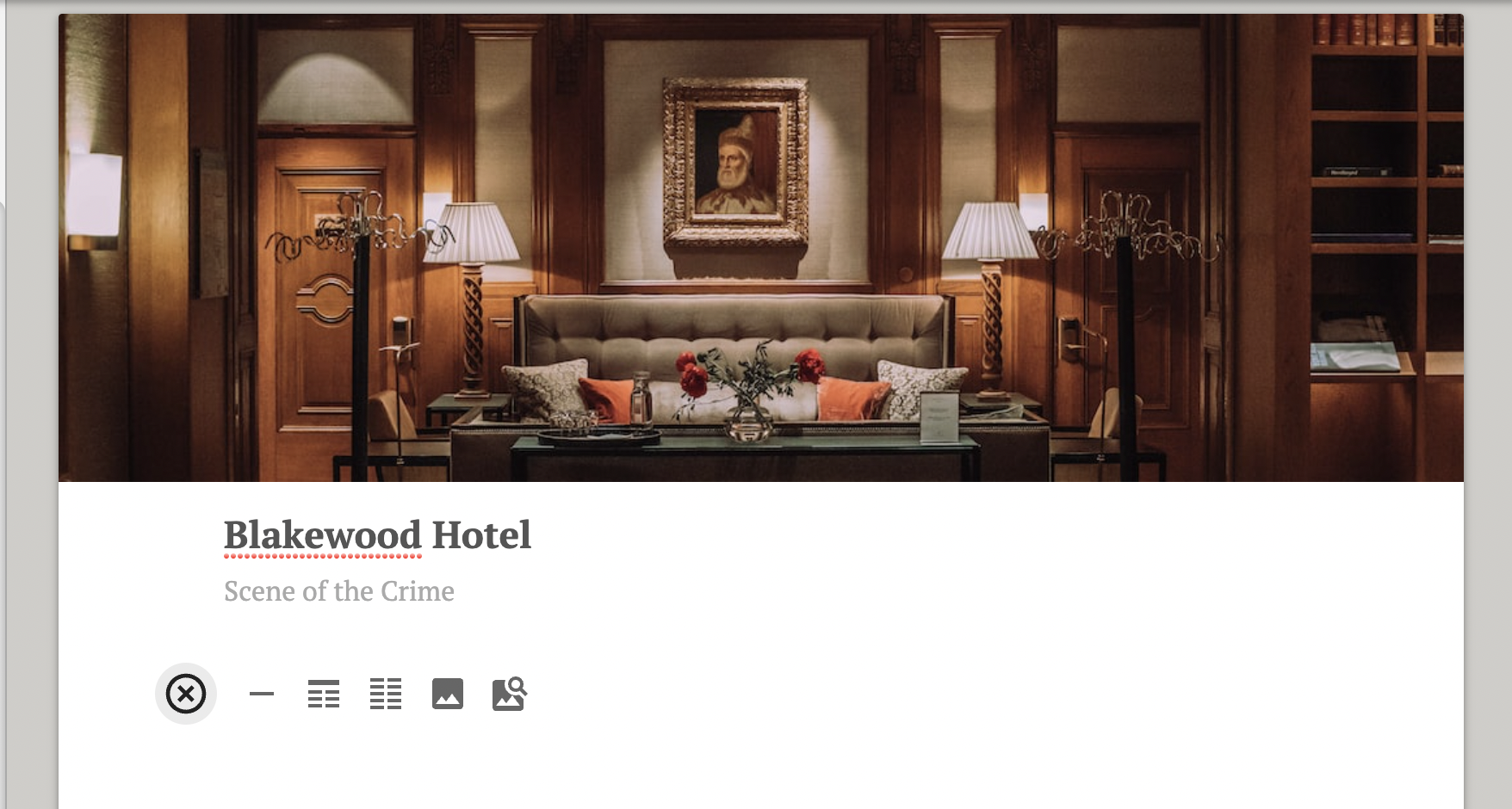 A Dabble Story Note showing an image for a hotel and an editing menu.