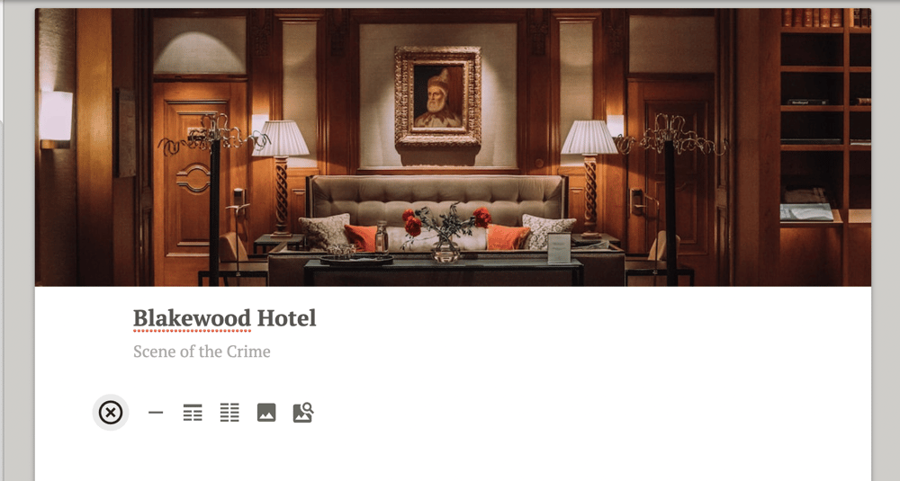 A Dabble Story Note featuring an image of a hotel lobby and the heading "Blakewood Hotel."