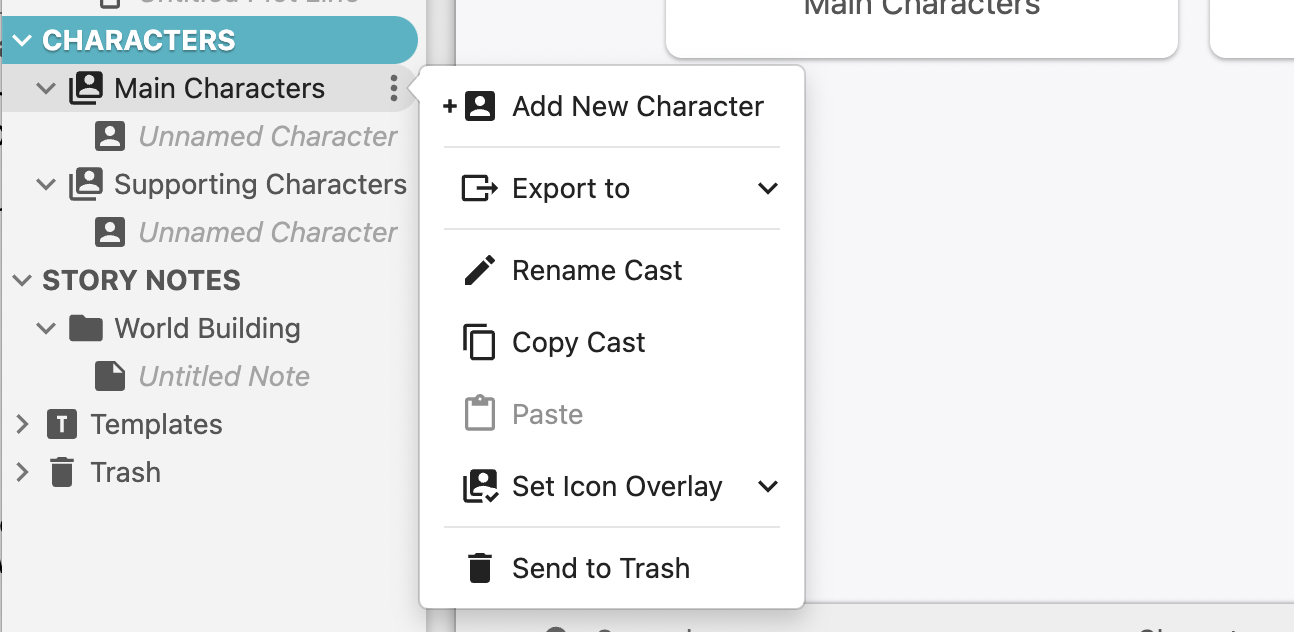 The Dabble menu for adding a character to a cast.
