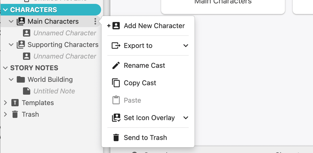 Dropdown menu for adding a character to a cast in Dabble.