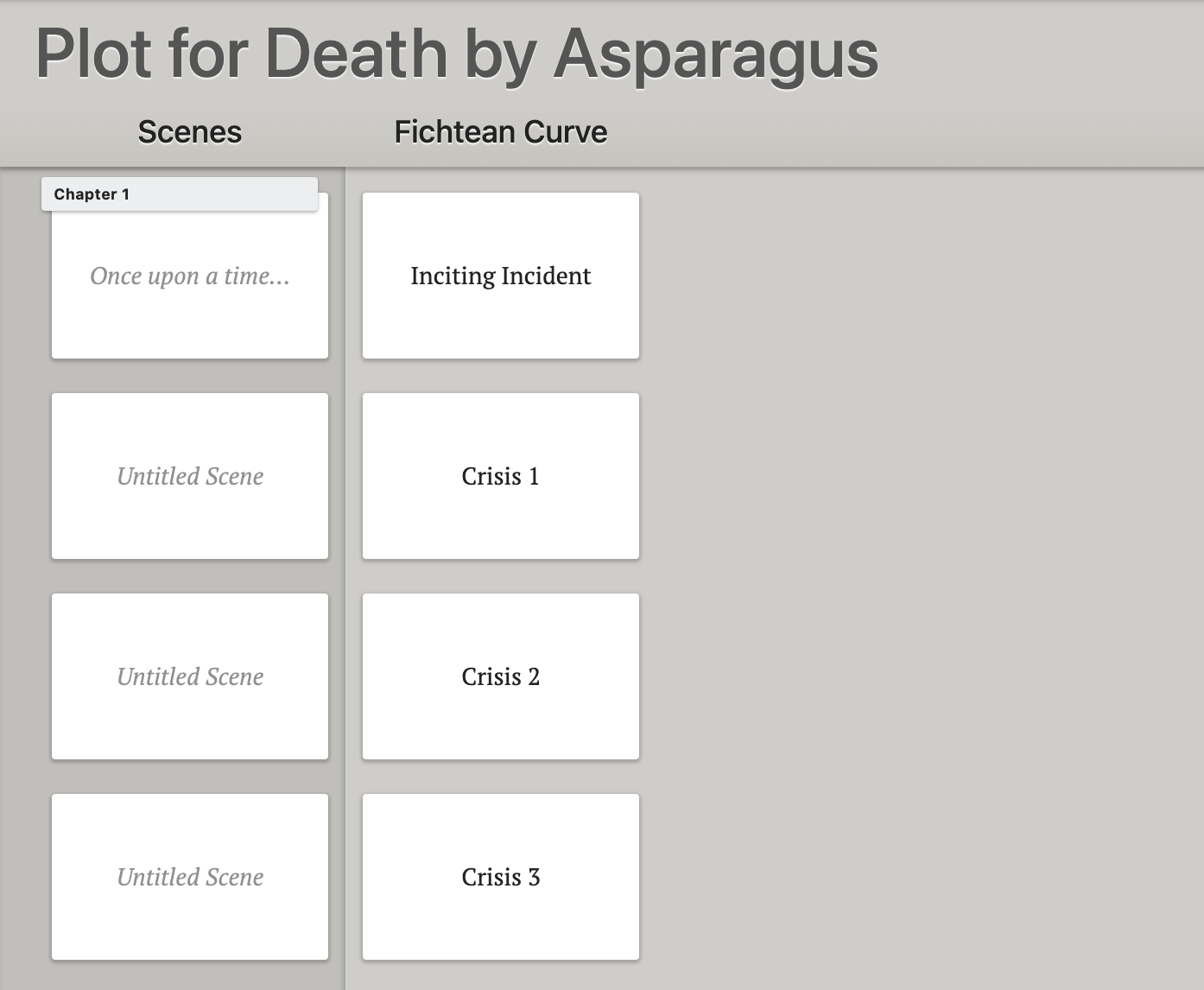 A Plot Grid for a mystery novel with a column of Scene Cards listing story beats for the Fichtean curve.