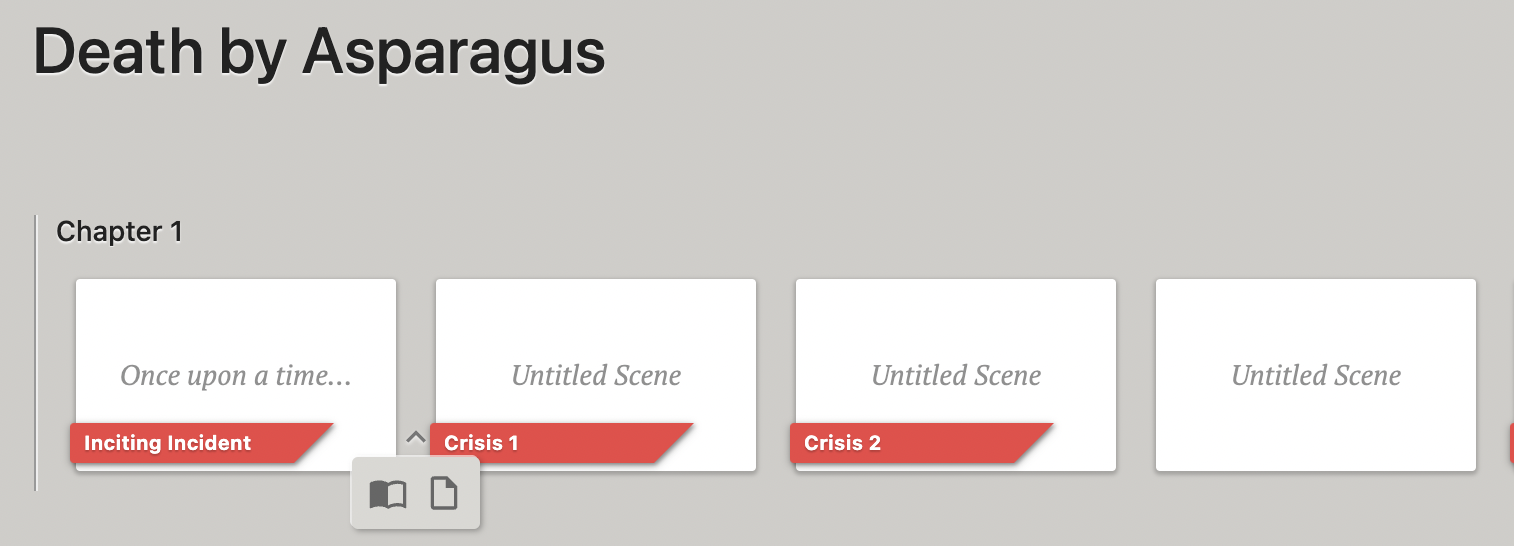 Manuscript view of a mystery plot with Scene Cards all in a row.