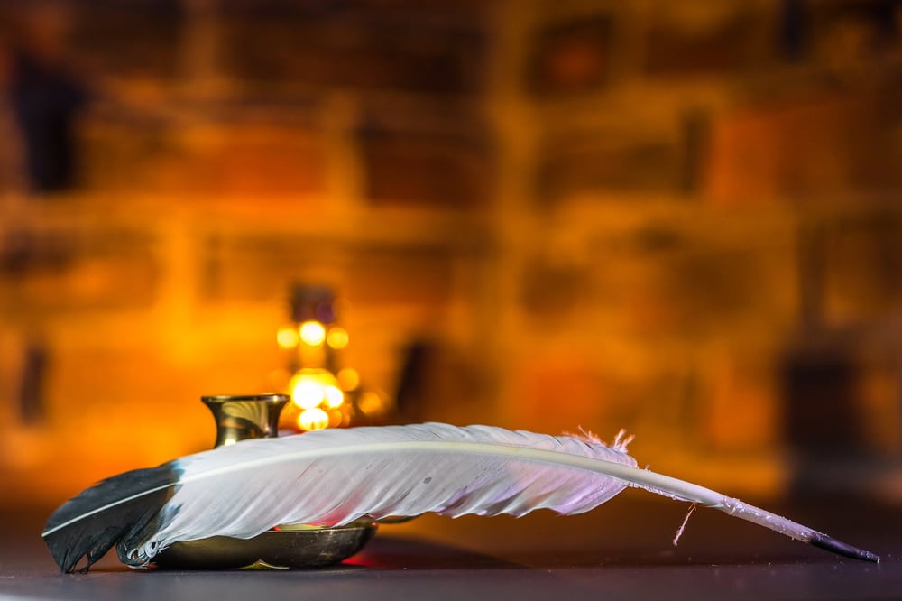 A black and white quill sits on a table beside an ink pot.