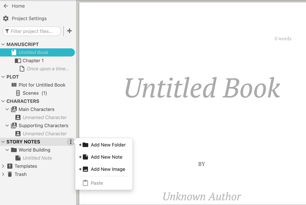 The dropdown menu for adding a Story Notes folder in Dabble.