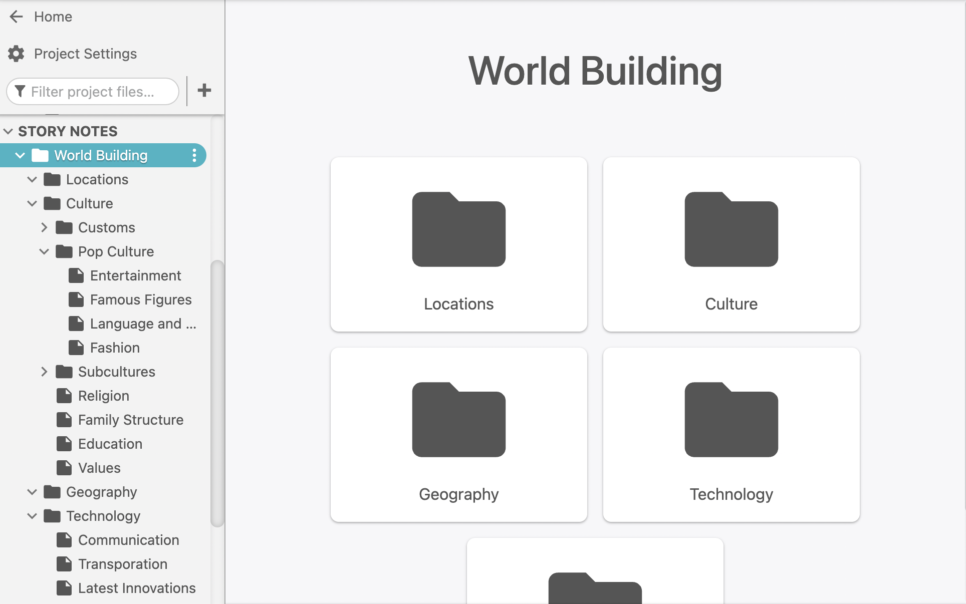 Screenshot of a Dabble Writer worldbuilding folder with subfolders for locations, culture, religion, and more.