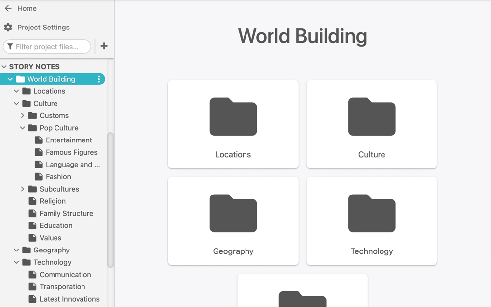 A Dabble World Building folder with subfolders for locations, culture, geography, and technology.