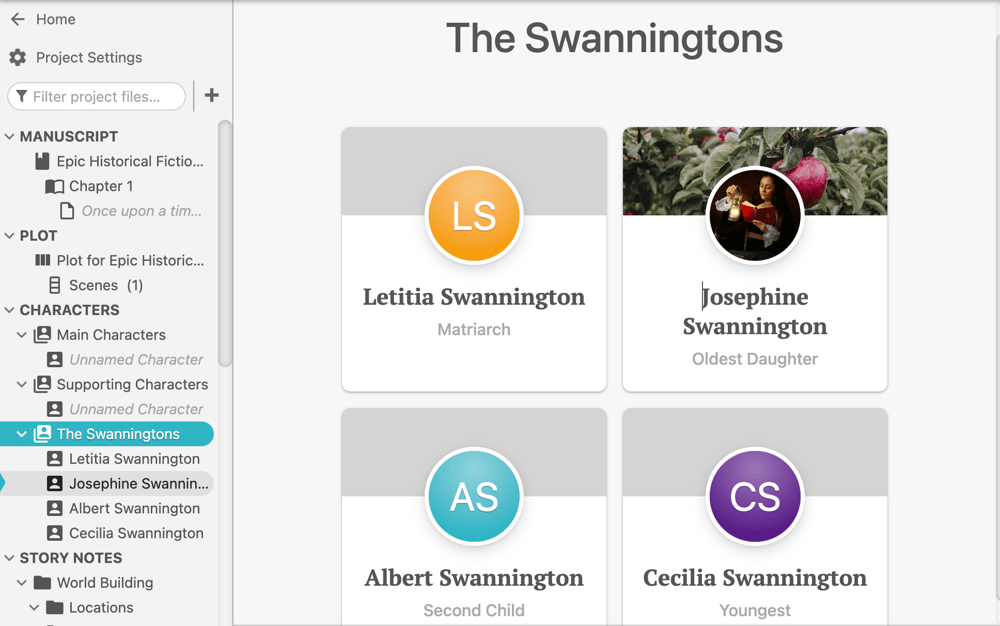 Characters within a family grouped together using Dabble's cast feature.