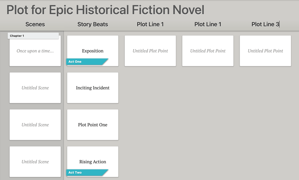 A Plot Grid for a historical fiction novel with a plot line dedicated to three-act structure beats.