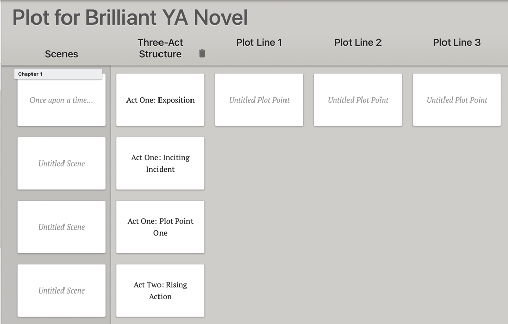 YA Plot Grid with Scene Cards for story beats.