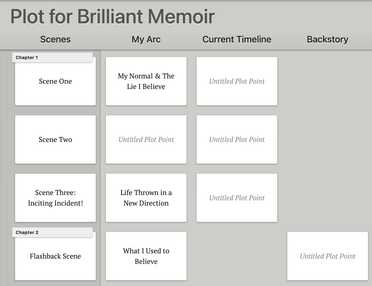 Screenshot of a Plot Grid for a memoir, with columns for scenes, arc, timeline, and backstory.