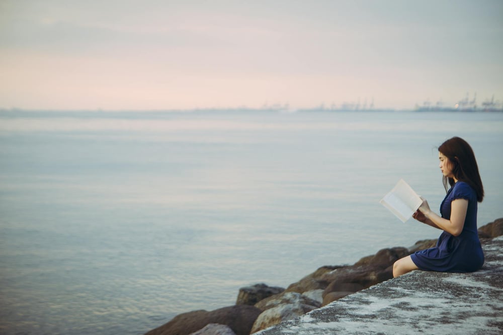 A person sits on a concrete wall by the ocean, reading a book.
