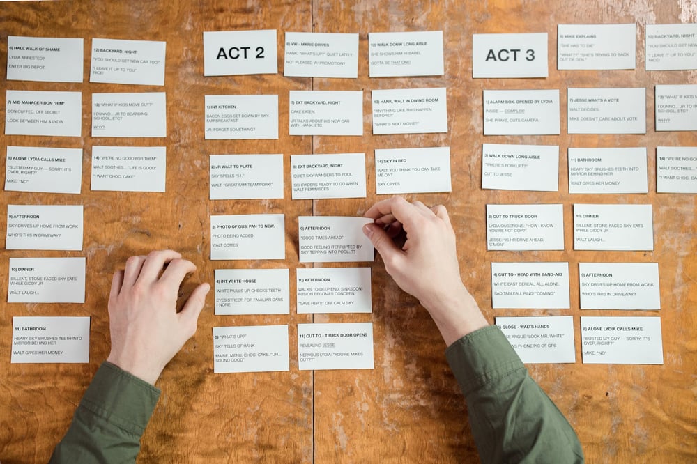 Hands laying scene cards out on a table.