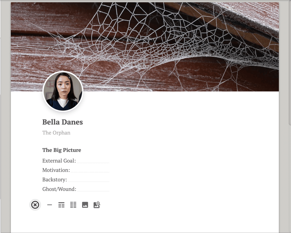 Screenshot of a Dabble character profile for a character named Bella Danes.