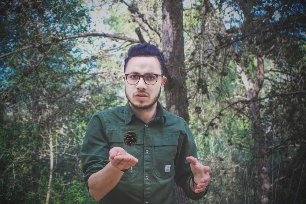 A pinecone levitates over a person's open palm.