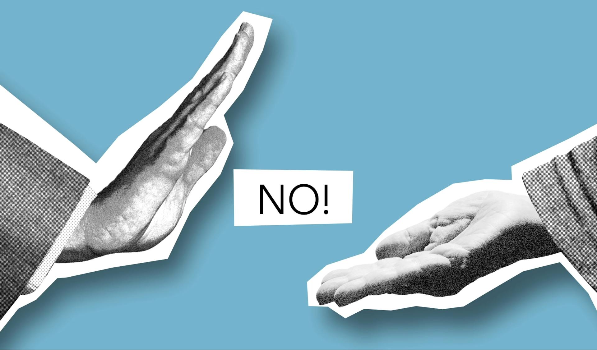 One gray hand reaches out, palm open, while another gray hand makes a
