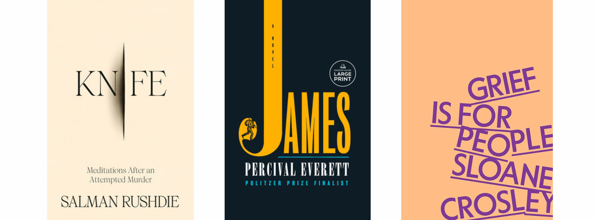 The book covers for Knife, James, and Grief is for People.