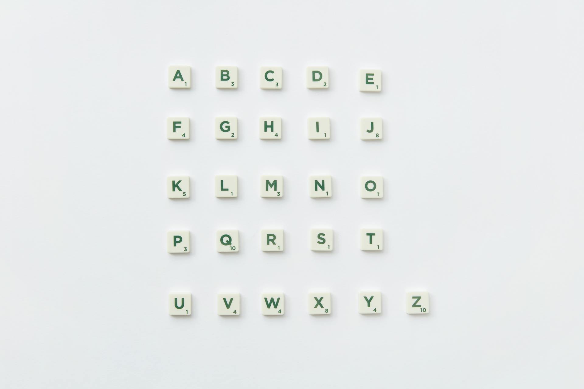 Letter tiles lined up in alphabetical order on a white background.