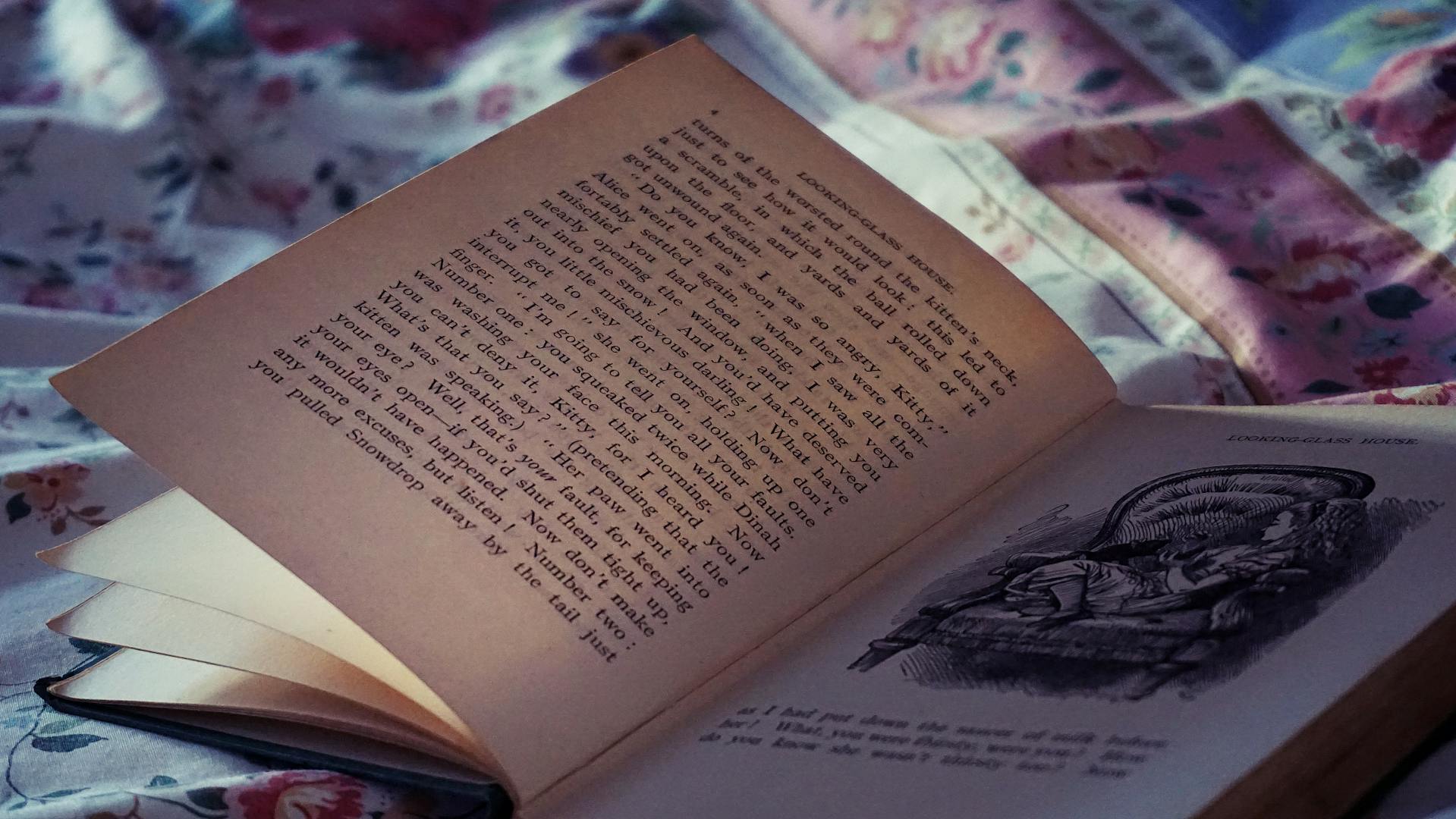 An illustrated novel lies open on a floral bedsheet.