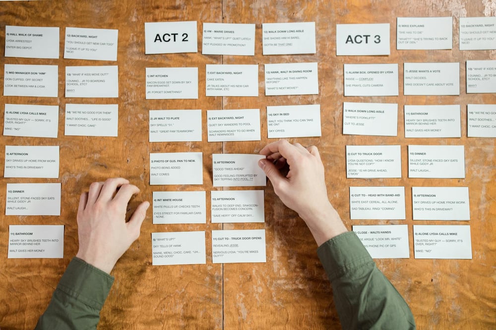 Two hands arrange scene cards organized by acts on a large wooden surface.