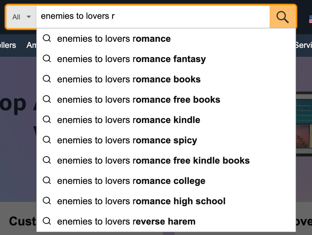 Screenshot of autofill in an Amazon search showing several different keywords relating to enemies to lovers romance novels.