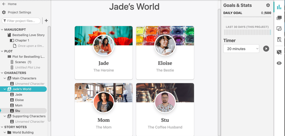 Screenshot of a romance novel project in Dabble, opened to cast profiles.