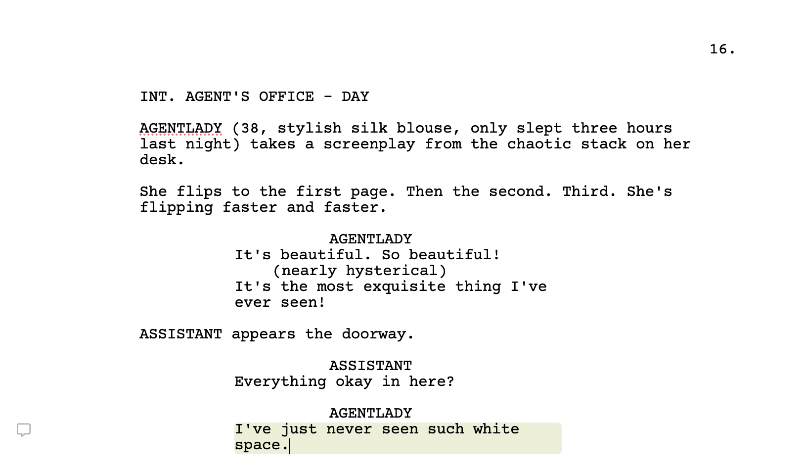 Screenshot of a screenplay scene demonstrating what good white space looks like.